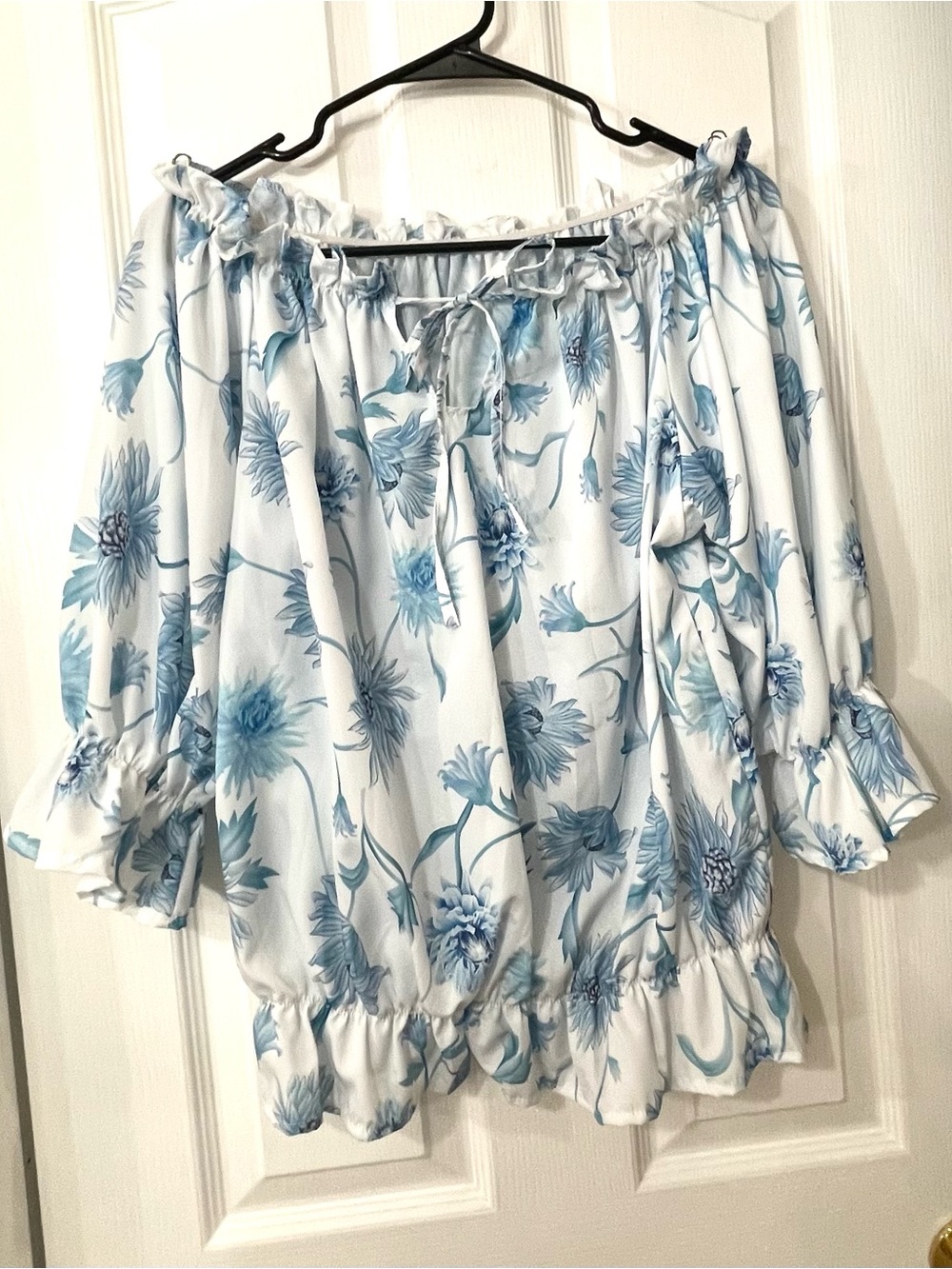 Women's White Off-Shoulder Floral Blouse in Light Blue